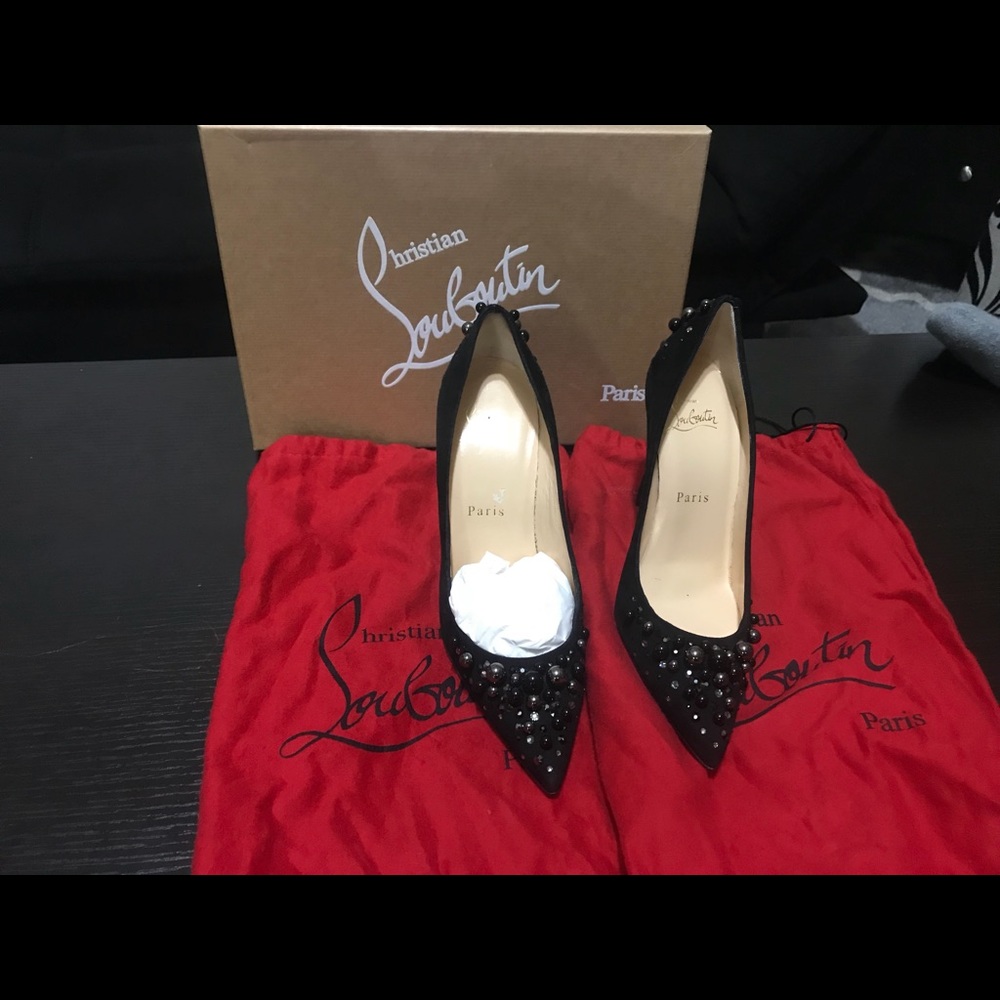 Christian louboutin Black pearl velour red bottoms